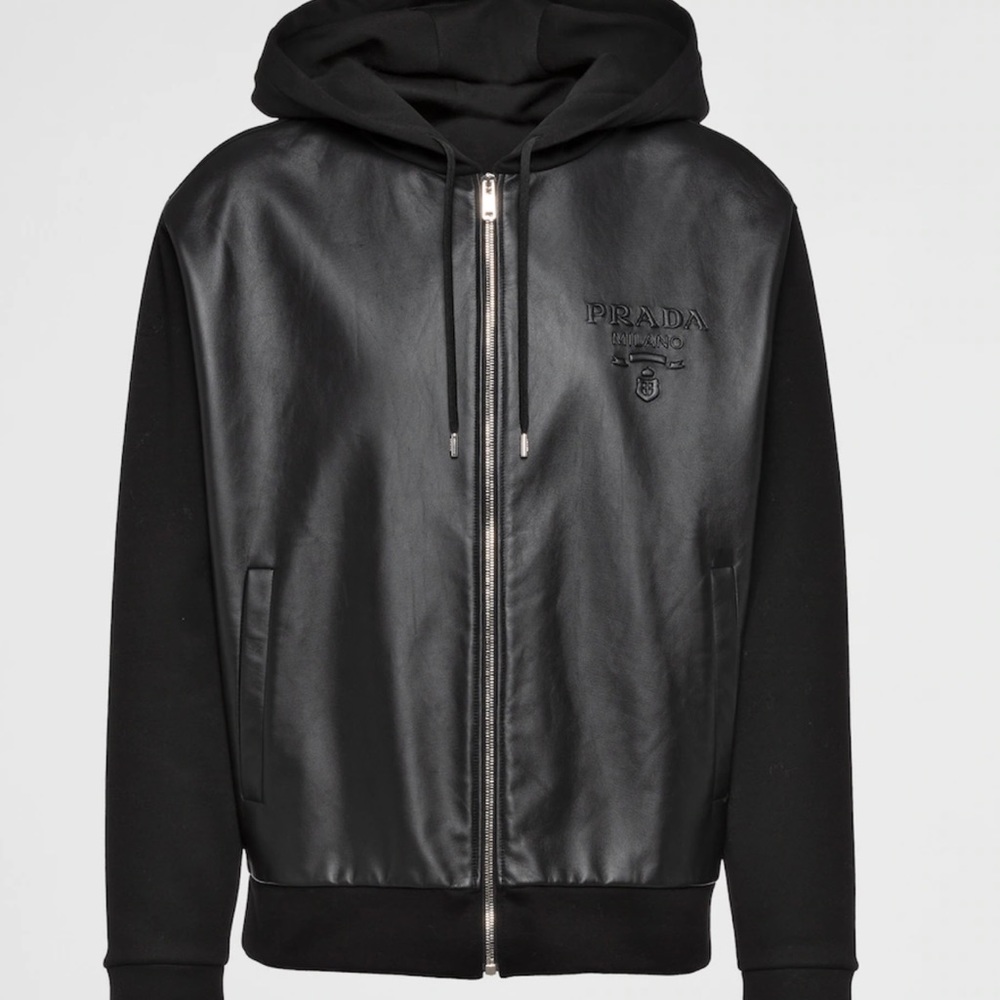 Prada Technical fleece and leather hoodie jacket
